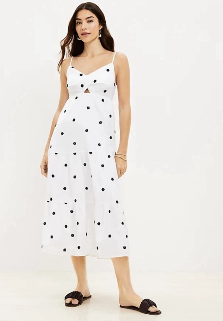 [LOFT] White Black Floral Embroidered Twist Front Ruffle Hem Midi Dress Size XL